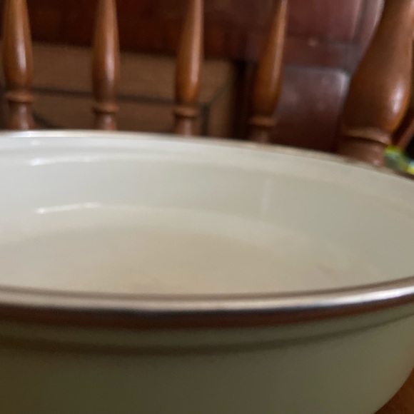 Vintage avacdo Olive Green Enamelware Fry Pan with Black Trim, White Interior - Picture 5 of 16